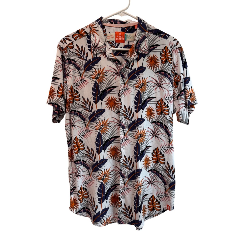 Free Planet Mens‎ Tropical Leaf Print Button Down Shirt White Orange Navy Large